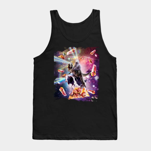 Laser Eyes Space Cat On Dinosaur Cow - Rainbow Tank Top by Random Galaxy